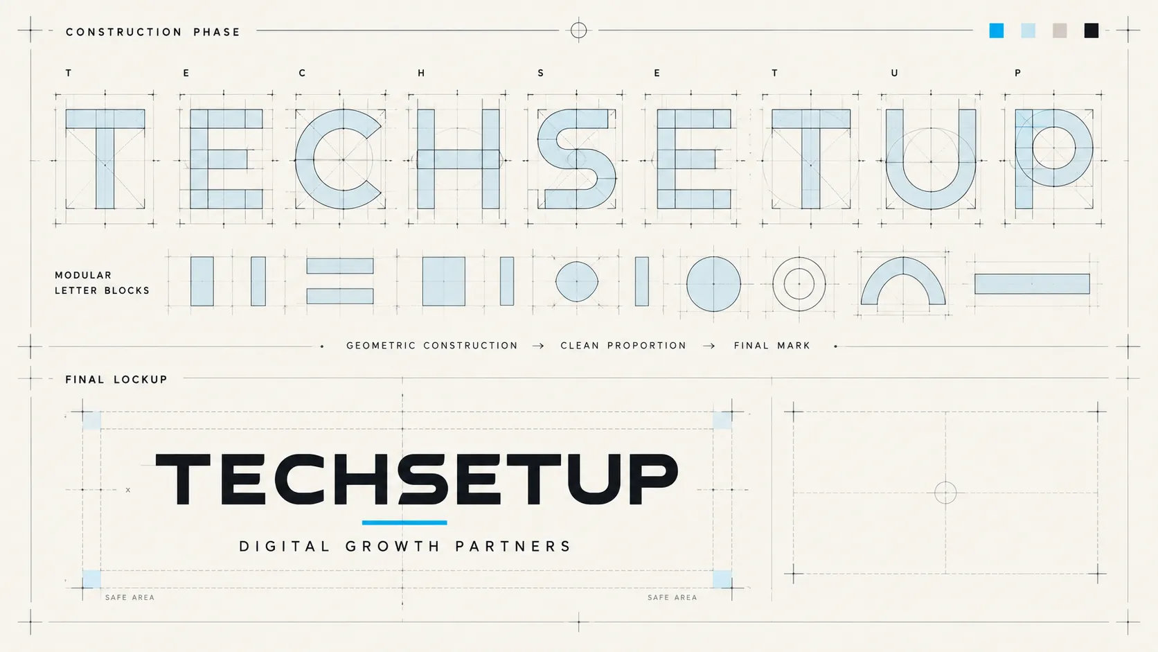 Mark construction diagram showing a brand identity being built from its parts.