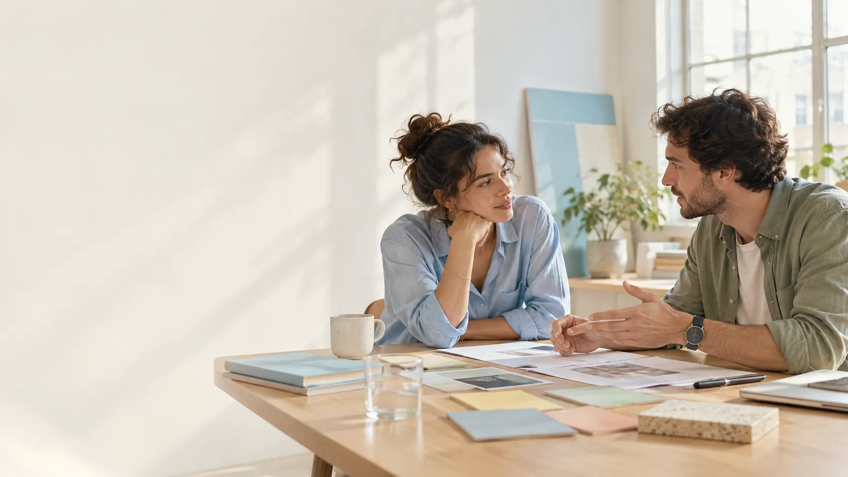 Two people discussing a project brief before a proposal.