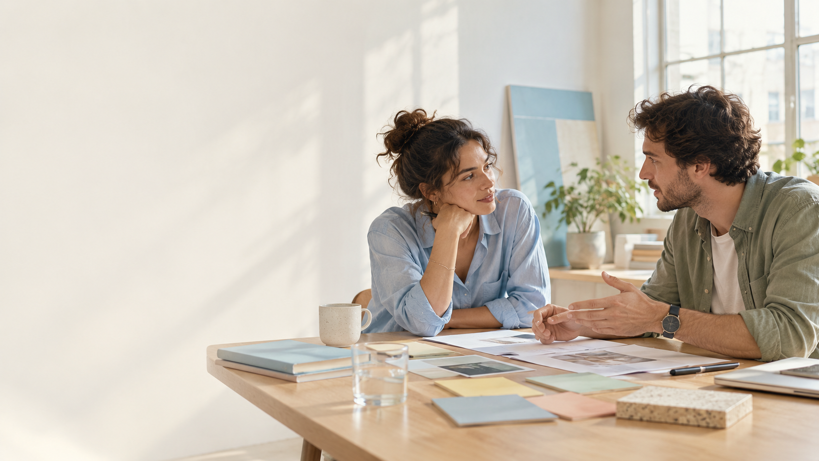 Two people discussing a project brief before a proposal.