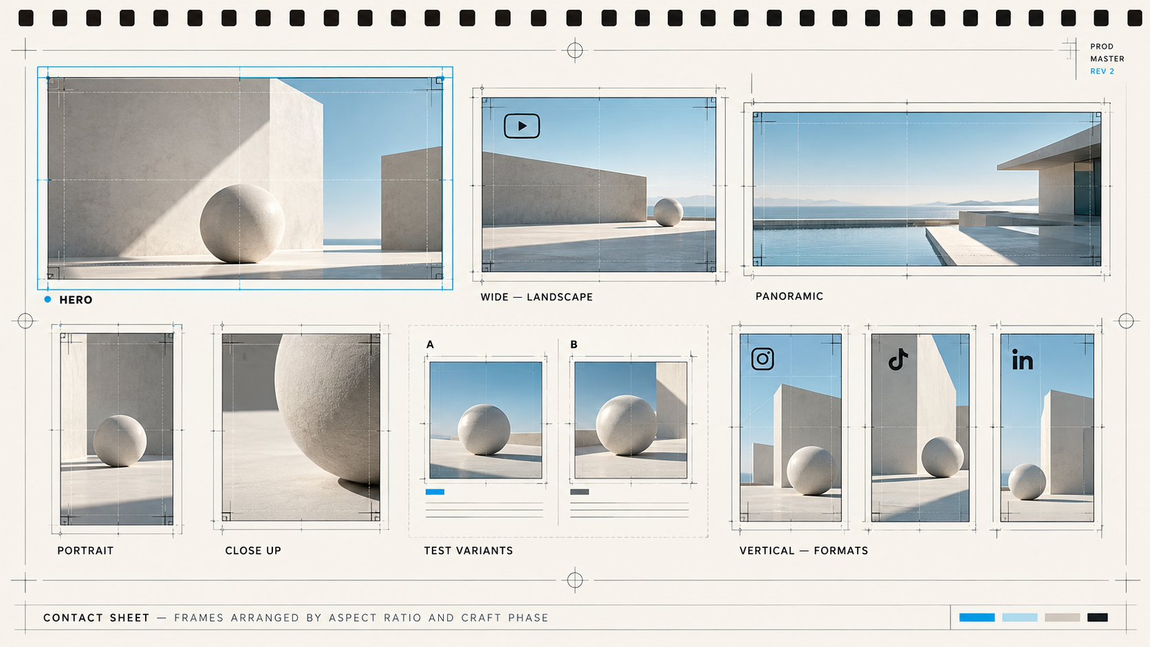 Contact sheet diagram representing how creative assets are produced and adapted.